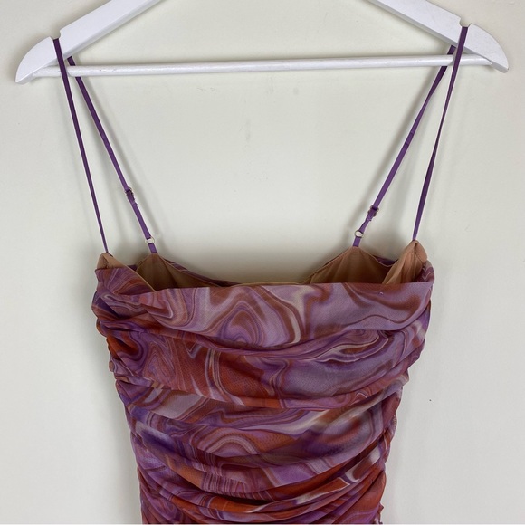 House Of CB Mini Dress Purple Swirl Ruched Organza Mesh 2021 Resorts Collection - Picture 4 of 9
